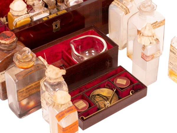 Close up of the contents inside the Mahogany Apothecary Box