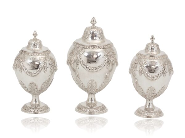 View of the sterling silver tea caddies from the Quarter Sawn Mahogany Tea Chest