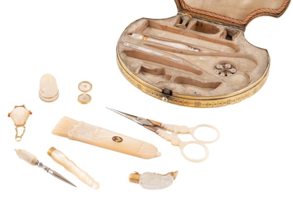 Close up of the Palais Royal Mother of Pearl Clam Necessaire Etui tools