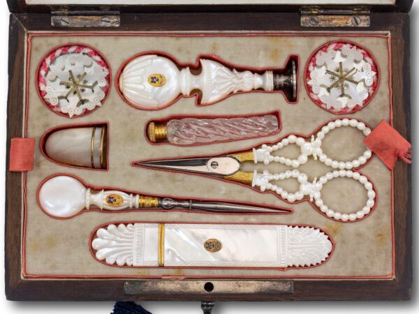 Close up of the tool tray in the Palais Royal Mulberry Sewing Box