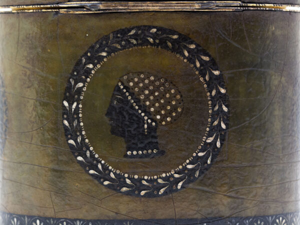 Close up of the painted figure decoration on the Papier Mache Tea Caddy Henry Clay