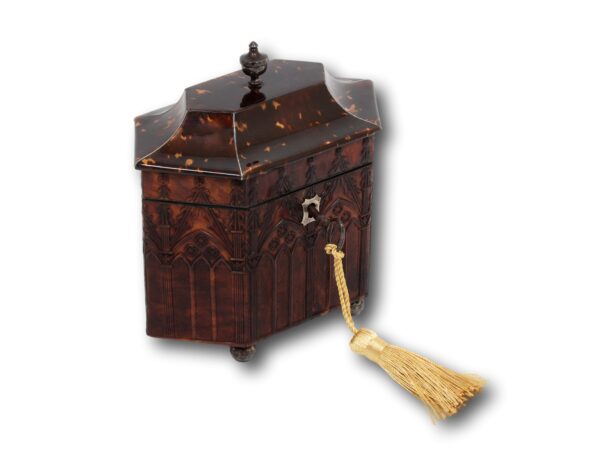 Front overview of the Pressed Tortoiseshell Gothic Tea Caddy with the key fitted