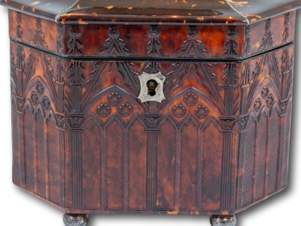 Close up of the Pressed Tortoiseshell Gothic Tea Caddy