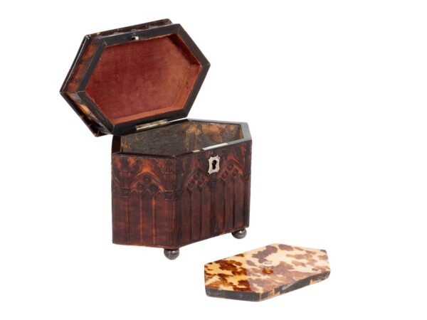 Pressed Tortoiseshell Gothic Tea Caddy with the lid up and compartment lid removed