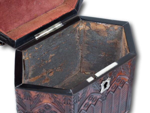 Close up of the interior of the Pressed Tortoiseshell Gothic Tea Caddy