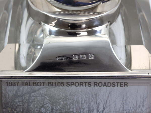 Close up of the sterling silver hallmarks on the Silver Mounted Desk Inkwell and Clock