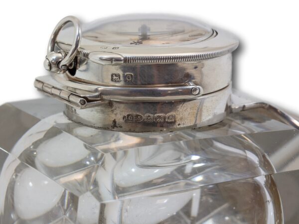 Close up of the sterling silver hallmarks on the Silver Mounted Desk Inkwell and Clock