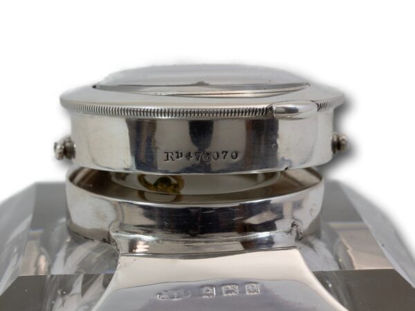 Close up of the sterling registration mark on the Silver Mounted Desk Inkwell and Clock