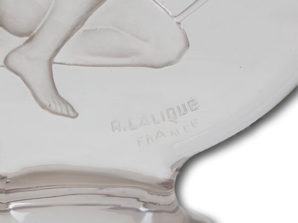 Close up of the moulded R. Lalique and engraved France marks on the Original Rene Lalique Archer Car Mascot