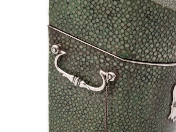 Close up of the silver handle on the Shagreen and Silver Tea Spoon Box