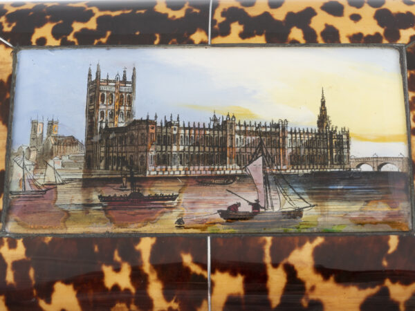 Close up of the eglomise panel in the Tortoiseshell London Houses of Parliament Tea Caddy