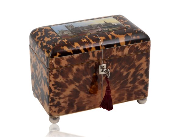 Front overview of the Tortoiseshell London Houses of Parliament Tea Caddy with the key fitted