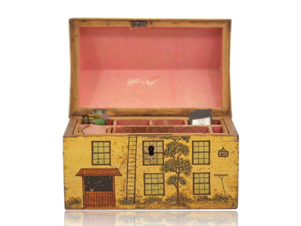 Front of the Tunbridge Ware Cottage Sewing Box with the lid up