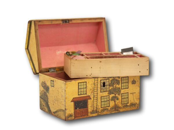 Tunbridge Ware Cottage Sewing Box with the lid up and tray removed