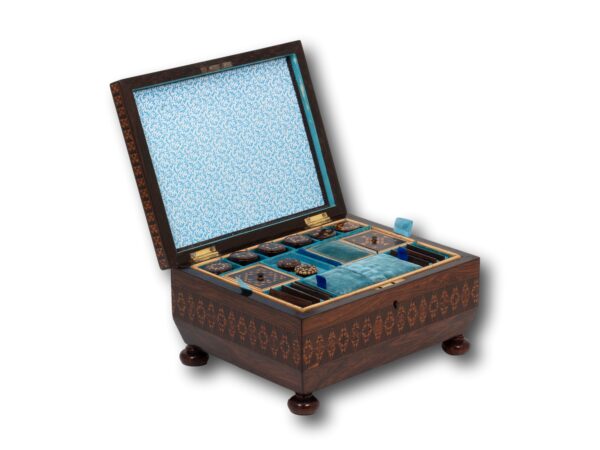 Front overview of the Tunbridge Ware Sewing Box with the lid up