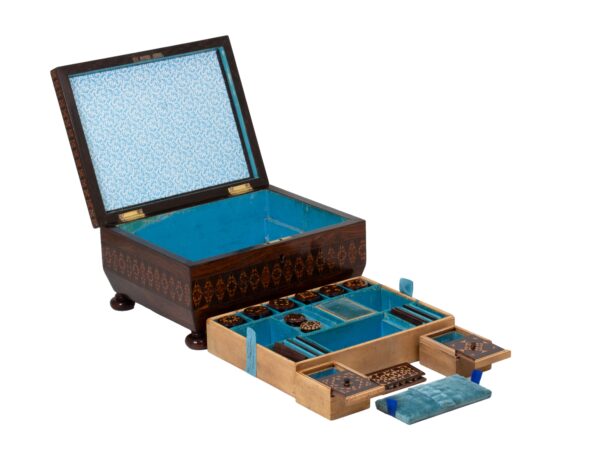 Front overview of the Tunbridge Ware Sewing Box with the lid up and the top tray and accessories removed