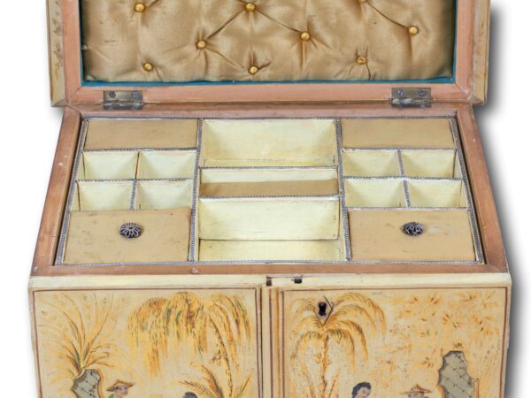 Close up of the interior of the Chinoiserie Japanned Sewing Cabinet