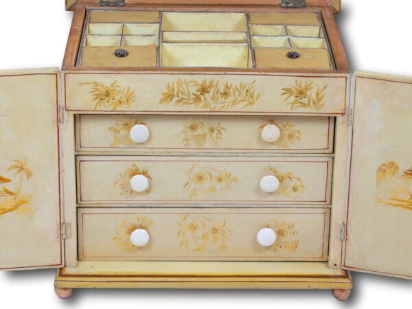 Close up of the drawers inside the Chinoiserie Japanned Sewing Cabinet