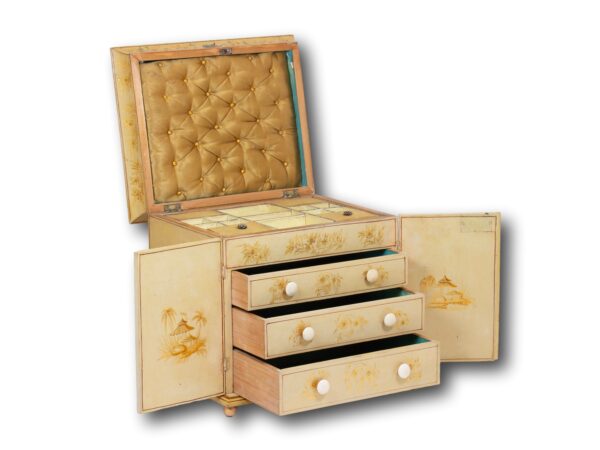 Front overview of the Chinoiserie Japanned Sewing Cabinet with the drawers pulled out