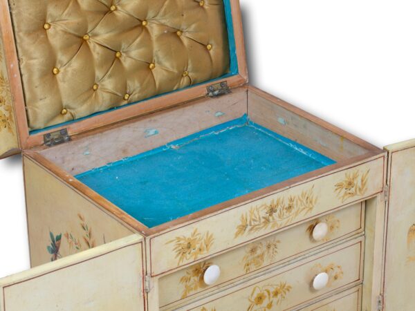 Close up of the area below the top tray in the Chinoiserie Japanned Sewing Cabinet