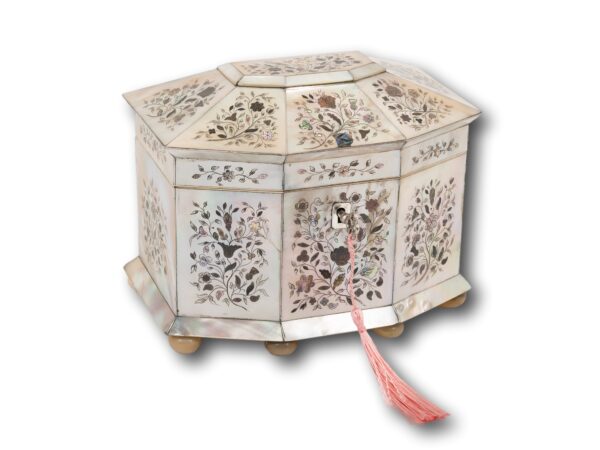 Front overview of the Mother of Pearl Hexagonal Tea Caddy with the key fitted