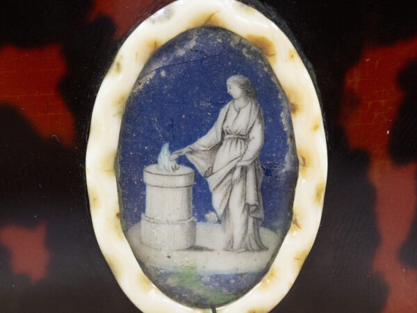 Close up of the ivory miniature on the Red Tortoiseshell Tea Caddy with Miniature