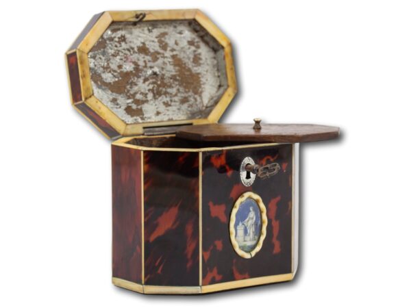 Front overview of the Red Tortoiseshell Tea Caddy with Miniature with the lid up and compartment lid out