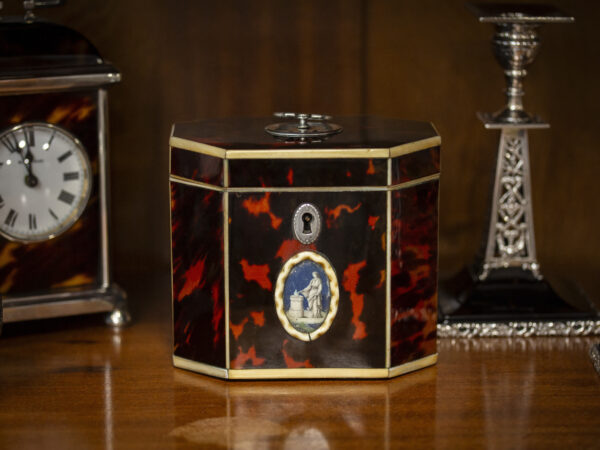 Red Tortoiseshell Tea Caddy with Miniature in a decorative collectors setting for scale