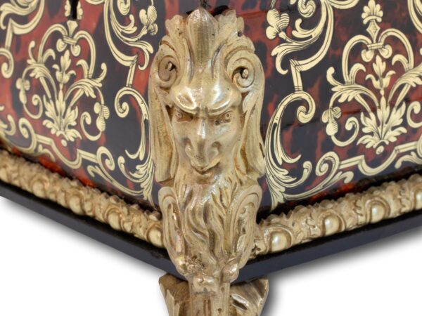 Close up of the ormolu mask mounts on the French Boulle Tea Caddy