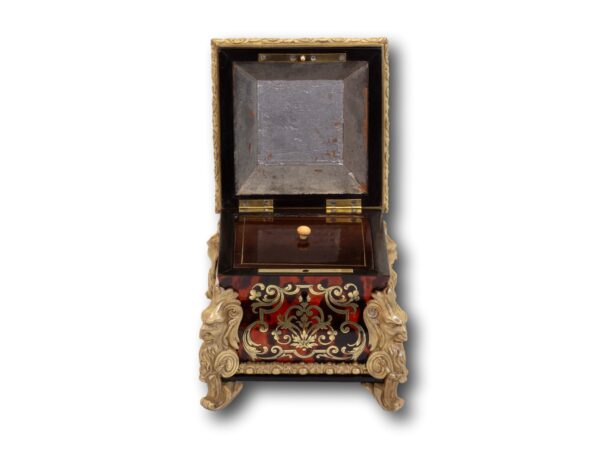 Front overview of the French Boulle Tea Caddy with the lid up