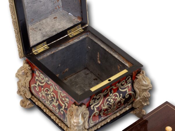 Close up of the tea caddy compartment inside the French Boulle Tea Caddy