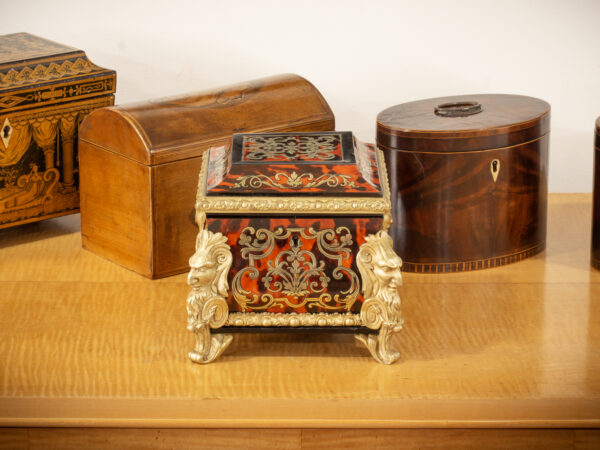 Overview of the French Boulle Tea Caddy in a decorative setting