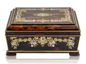 Front overview of the Coromandel Inlaid Sewing Box John Turrill