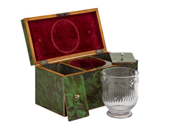 Front Overview of the Green Tortoiseshell Tea Caddy with the sugar bowl and lids removed