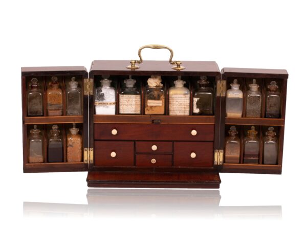 Front overview of the Mahogany Apothecary Cabinet with Poison Compartment opened