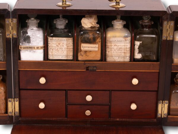 Close up of the centre of the Mahogany Apothecary Cabinet with Poison Compartment