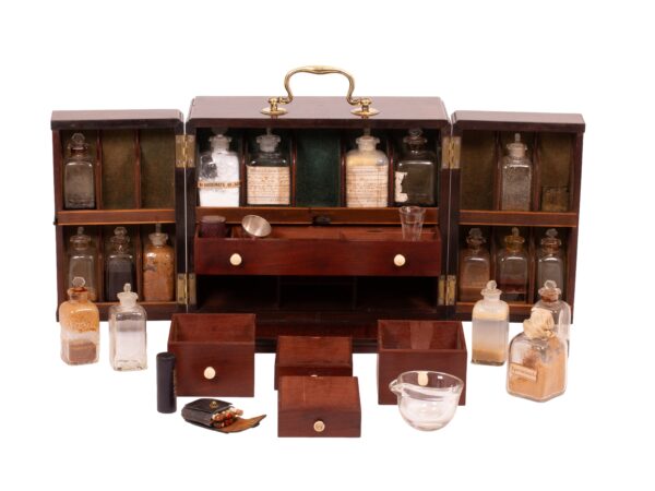 Overview of the Mahogany Apothecary Cabinet with Poison Compartment with the contents removed