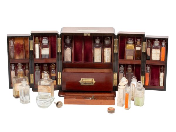 Overview of the Mahogany Double Opening Apothecary Box showing the contents