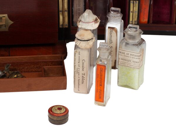 Overview of the Mahogany Double Opening Apothecary Box showing the contents