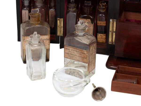 Overview of the Mahogany Double Opening Apothecary Box showing the contents