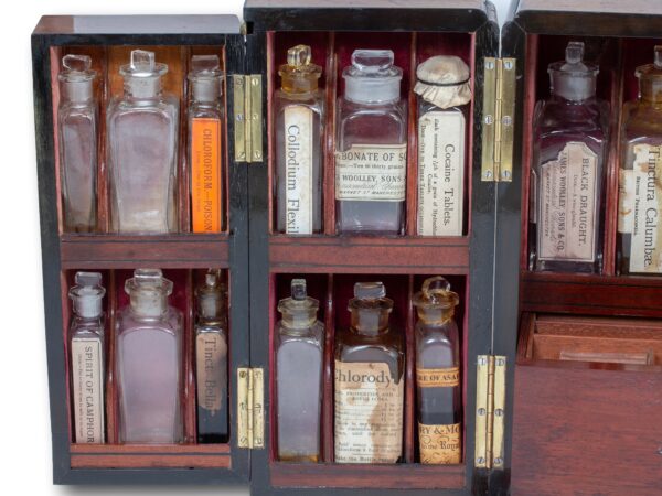 Close up of the bottles in the Mahogany Double Opening Apothecary Box