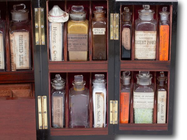 Close up of the bottles in the Mahogany Double Opening Apothecary Box