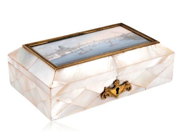 Front overview of the Mother of Pearl Sewing Box Balthasar Wigand