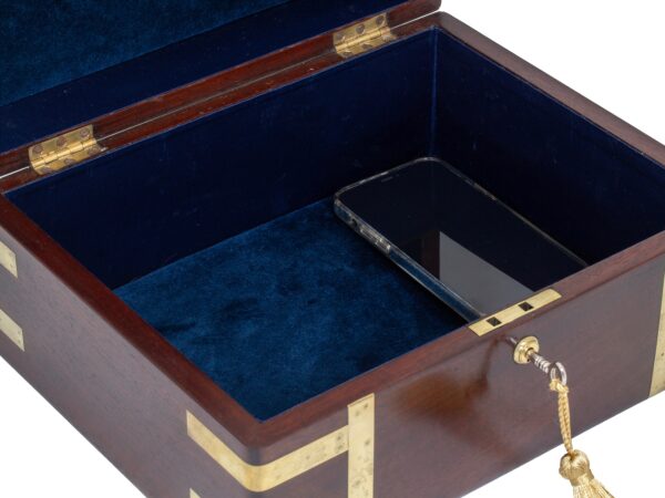 Close up of the interior of the Georgian Mahogany Jewellery Box with an iPhone for scale