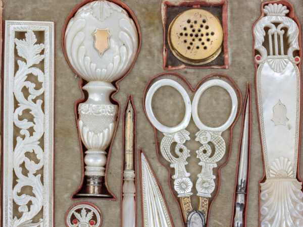 Close up of the tools in the French Palais Royal Musical Writing Box