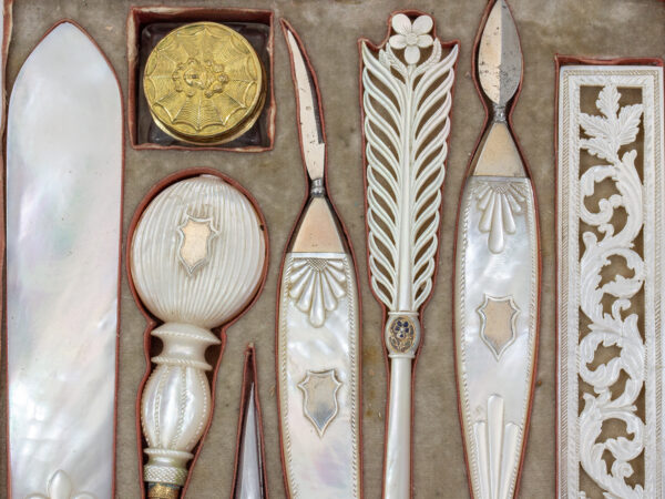 Close up of the tools in the French Palais Royal Musical Writing Box