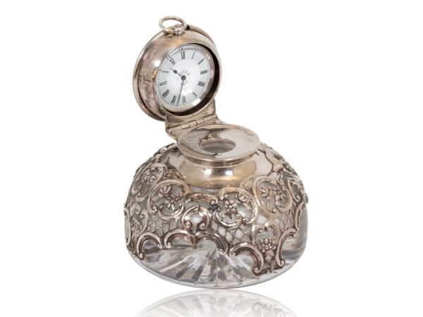 Front overview of the Silver Desk Inkwell Clock William Comyns showing the pocket watch