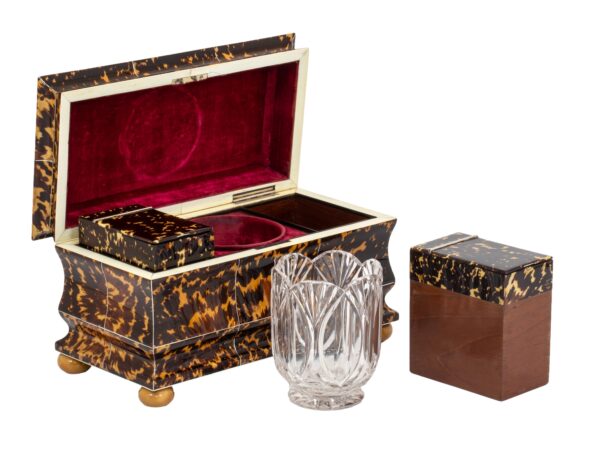 Front overview of the Blonde Tortoiseshell Tea Chest with a tea caddy and sugar bowl removed