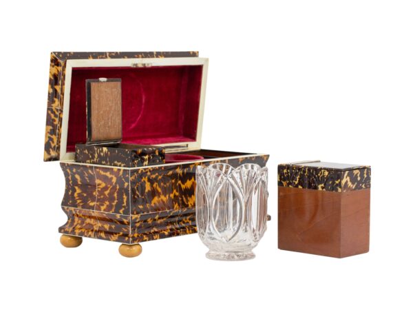 Front overview of the Blonde Tortoiseshell Tea Chest with a tea caddy and sugar bowl removed