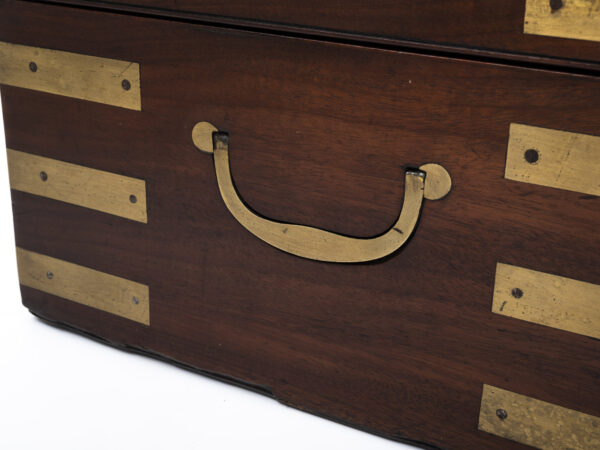 Close up of the handles on the Campaign Military Writing Box Hewlins
